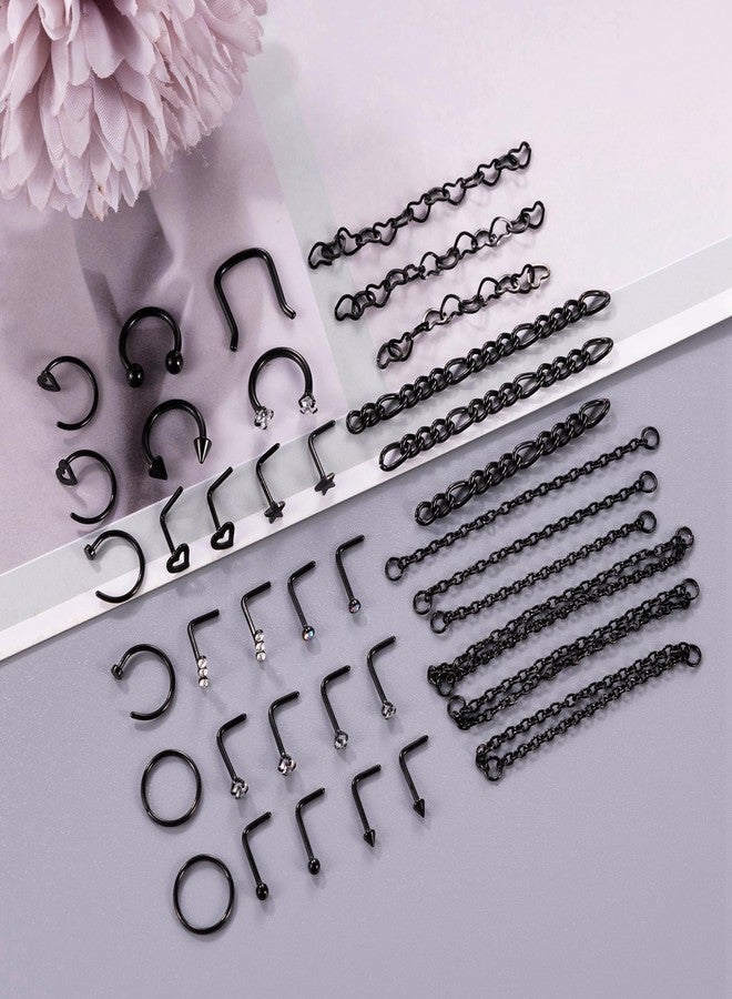 LOREMOW 38Pcs 316L Stainless Steel Nose Chain for Women Men Heart Nose Ring Chain Double Nose Chain Piercing Across Nose CZ Nose Piercing Stud Nostril Jewelry Black L - Image 2